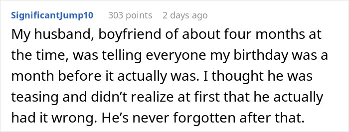 Screenshot of a Reddit comment about a boyfriend showing romantic indifference by forgetting a birthday.