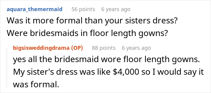 Screenshot of a Reddit conversation discussing approval of an outfit for sister&rsquo;s wedding causing drama.