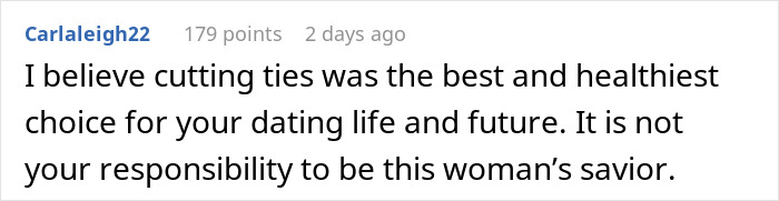 Comment discussing cutting ties as the healthiest choice after a woman tries to make a friend fall in love.