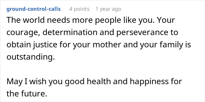 Comment praising courage and determination in seeking justice for a mother denied chemotherapy by husband.