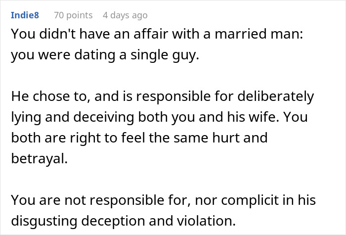 Text discussing a woman&rsquo;s relationship betrayal involving her boyfriend&rsquo;s wife and the emotional impact of deception.