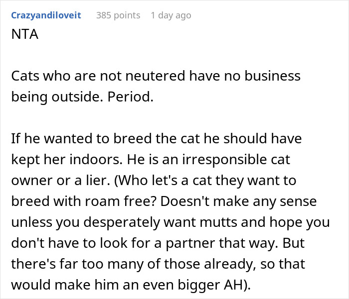 Comment explaining why neutering neighbor cat or stray cats is crucial to prevent roaming and irresponsible breeding behavior.
