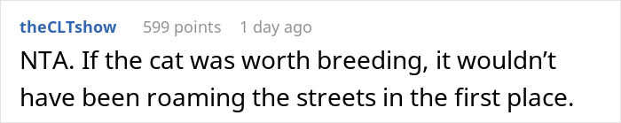 Screenshot of an online comment discussing neutering neighbor cat stray with a focus on street roaming behavior.