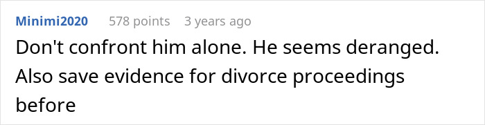 Screenshot of an online comment warning about a husband&rsquo;s obsession and advice on saving evidence for divorce.