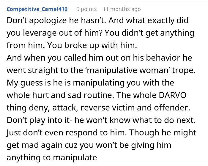 Comment discussing manipulation tactics used by man who dismisses girlfriend&rsquo;s major career milestone and success.