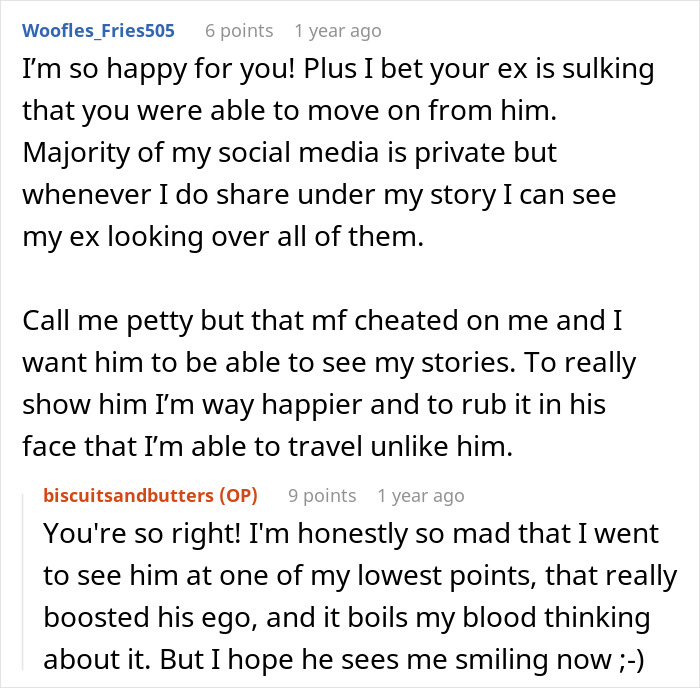 Screenshot of a conversation discussing a woman&rsquo;s joke revealing her cheating husband as a horrible jerk.