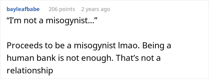 Screenshot of a comment calling out a delusional guy who refuses to help his pregnant wife despite being the breadwinner.