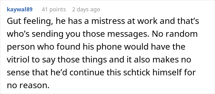 Screenshot of an online comment discussing suspicion of a husband being a psychopath after receiving disturbing texts. Screenshot of an online comment discussing suspicion of a husband being a psychopath after receiving disturbing texts.