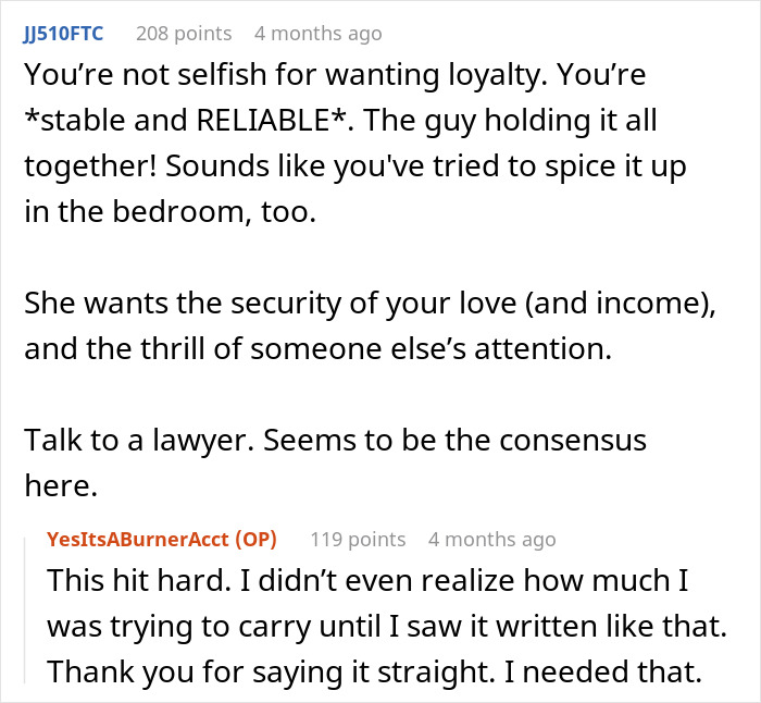 Reddit conversation showing a man feeling crushed after wife says he doesn&rsquo;t excite her and suggests divorce or open marriage.