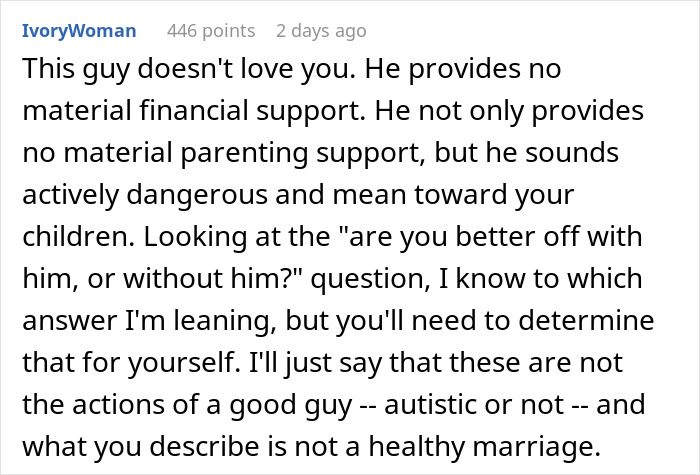 Comment highlighting emotional a***e and unhealthy marriage dynamics related to mental health issues pushing a wife to quit.
