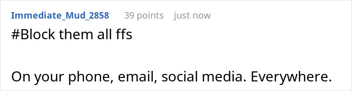 Screenshot of an online comment suggesting to block all contacts on phone, email, and social media after breakup harassment.