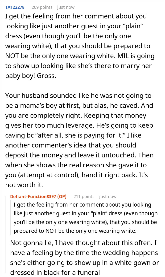 Screenshot of an online discussion about a bride refusing MIL&rsquo;s $25K wedding gift sparking debate on control and intentions.