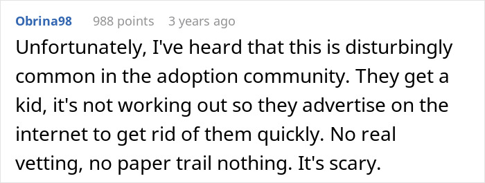 Screenshot of a Reddit comment discussing the disturbing trend of giving away adopted children online without vetting. Screenshot of a Reddit comment discussing the disturbing trend of giving away adopted children online without vetting.