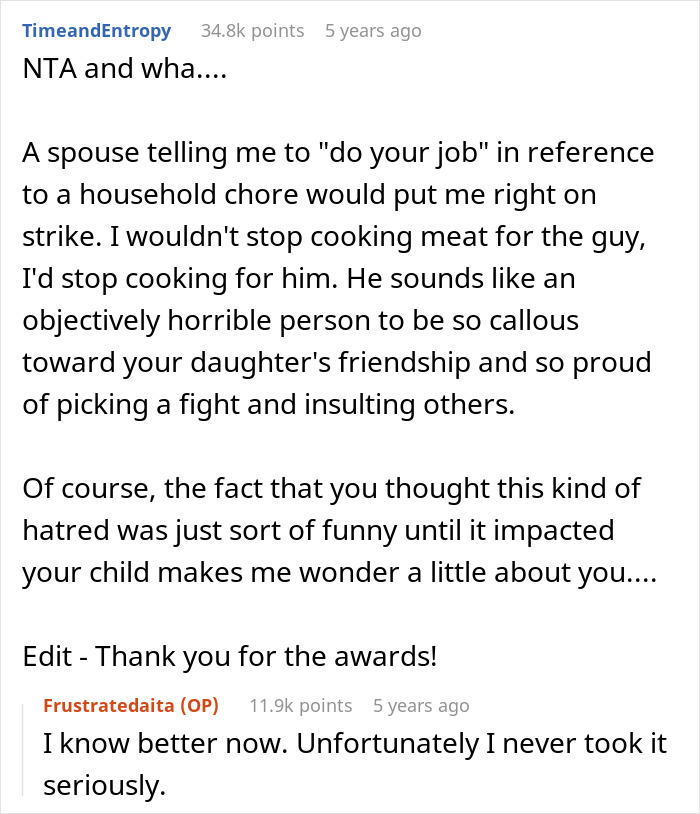 Reddit comment discussing wife punishing vegan-hating husband for harming daughter's friendship while still defending him in comments.
