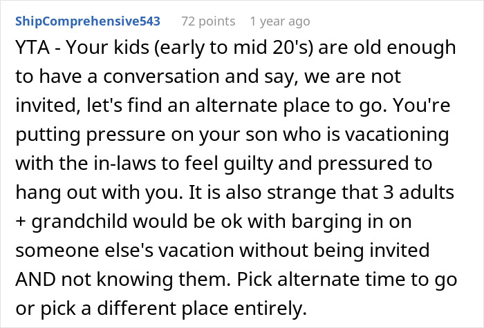 Comment discussing MIL plans a spite trip after son and DIL reject her, highlighting family tension and DIL's anger response.