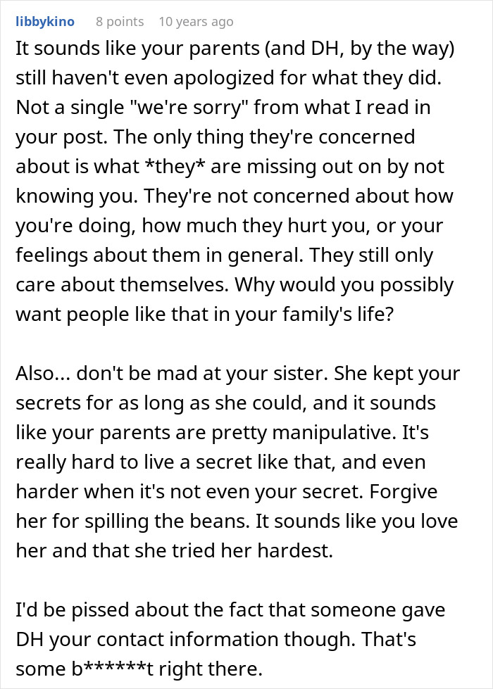 Comment discussing woman cutting off parents after catching mom with her fianc&eacute;, describing family conflict and manipulation.
