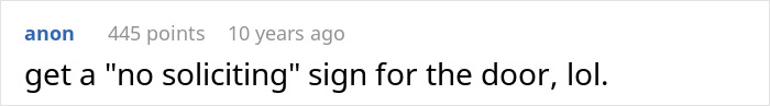 Screenshot of a forum comment discussing the idea of getting a no soliciting sign for a door.