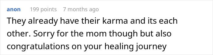 Comment text on screen about karma and healing journey related to woman congratulating boyfriend and pregnant mistress in front of coworkers.