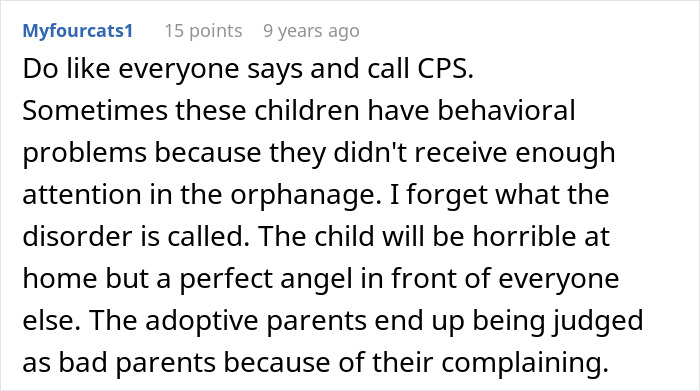 Comment discussing behavioral problems of an adopted child and the challenges faced by adoptive parents on Facebook. Comment discussing behavioral problems of an adopted child and the challenges faced by adoptive parents on Facebook.