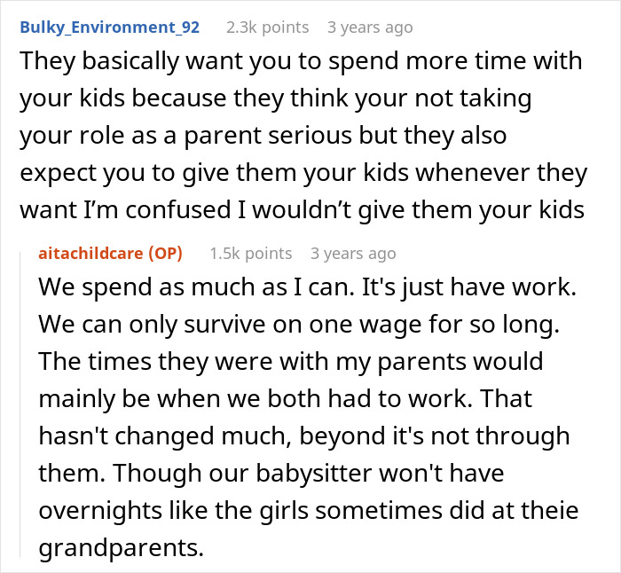 Reddit conversation discussing challenges of grandparents babysitting and a dad stopping it after hearing their true thoughts.
