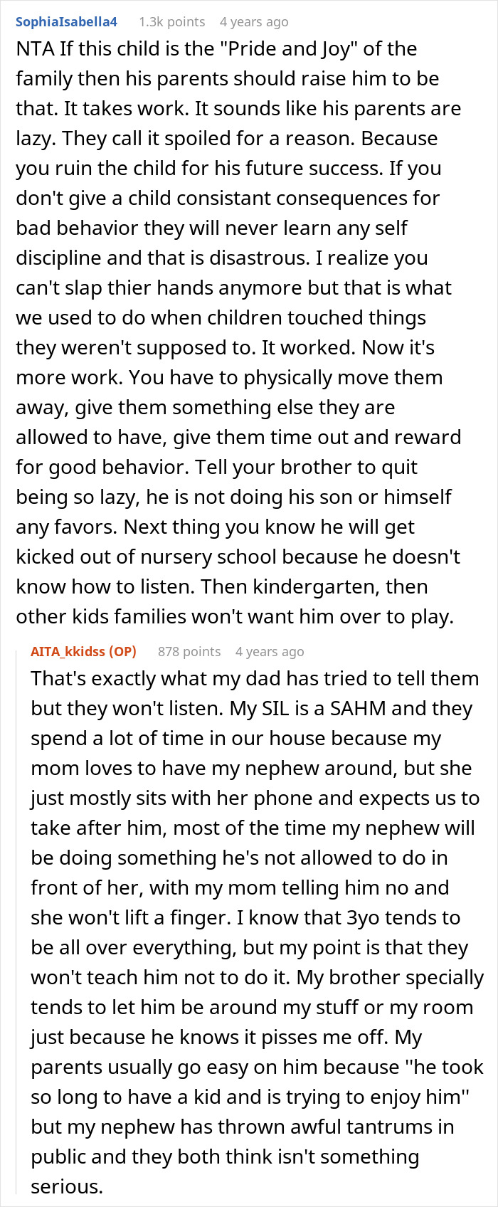 Reddit comment discussing frustrations with a 3-year-old son being a menace and parenting challenges.