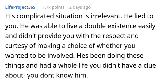 Comment text about a woman learning of her boyfriend&rsquo;s double life, describing betrayal and loss of trust.