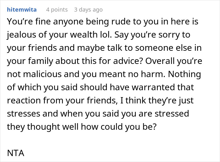 Reddit comment discussing a wealthy woman failing to read the room and losing friends due to privilege issues.