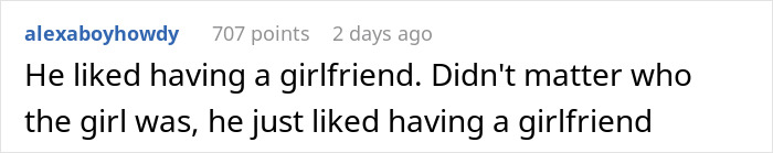 Text post on social media about a boyfriend noting favorite foods but showing romantic indifference by not knowing his girlfriend&rsquo;s cat.