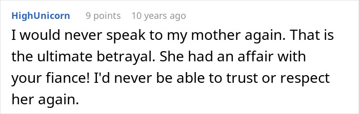 Comment text about woman cutting off parents after catching mom with fianc&eacute;, expressing betrayal and loss of trust.