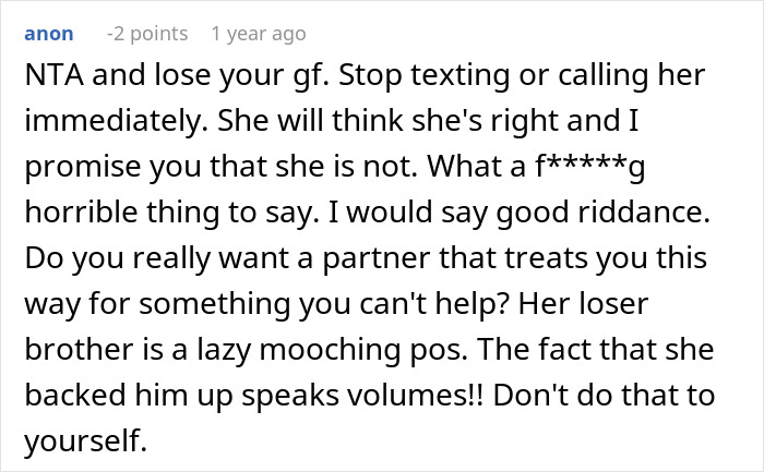 Screenshot of a Reddit comment discussing lazy brother-in-law unable to accept a guy with one arm cutting vegetables.