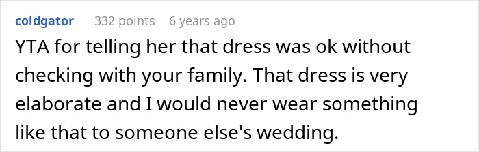 Screenshot of a Reddit comment discussing drama caused by approving an outfit for sister&rsquo;s wedding.