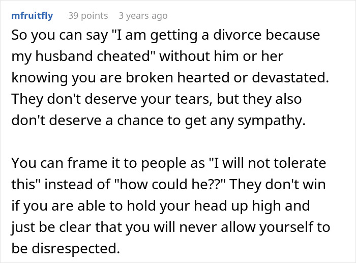 Screenshot of a Reddit comment discussing coping with a husband&rsquo;s affair and emotional resilience after betrayal.