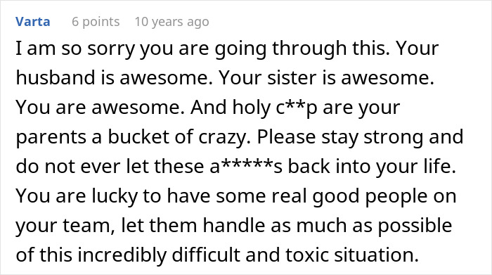 Comment expressing support for a woman cutting off parents after catching mom with fianc&eacute; amid a toxic family situation.