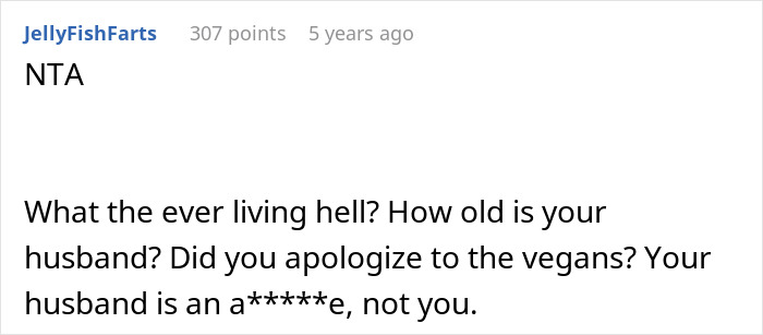Comment discussing a vegan-hating husband and defending the wife who punishes him for harming their daughter's friendship.