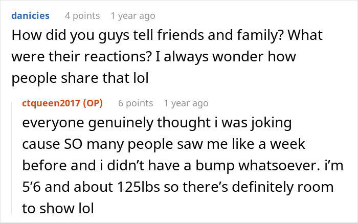 Text conversation about telling friends and family pregnancy news, sharing reactions and disbelief before showing baby bump.