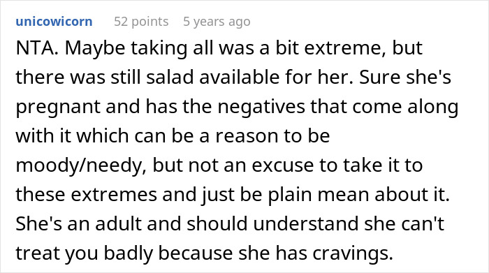 Comment discussing pregnant wife&rsquo;s cruel behavior and husband&rsquo;s hurt reaction in an online forum conversation.