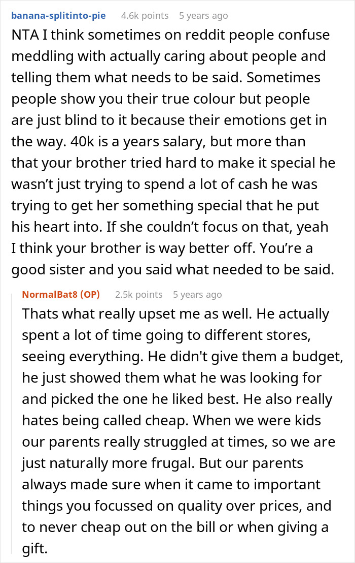 Reddit thread discussing a $40K ring complaint as a red flag, leading to a proposal call-off.