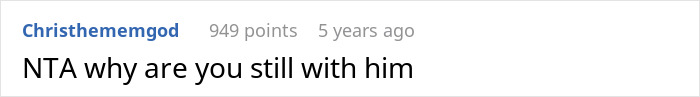 Screenshot of an online comment saying NTA why are you still with him about a vegan-hating husband conflict.