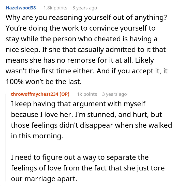 Reddit conversation about woman admitting to cheating multiple times and husband dealing with hurt and betrayal.