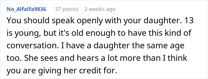 Comment from user No_Alfalfa9836 advising open communication with daughter about concerns regarding brother-in-law. Comment from user No_Alfalfa9836 advising open communication with daughter about concerns regarding brother-in-law.