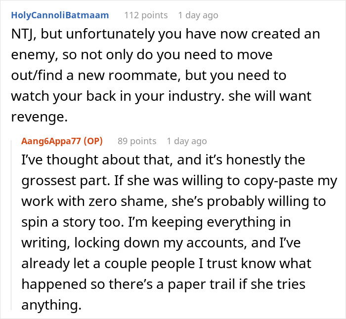 Comments discussing emailing roommates about boss stealing portfolio, concerns of revenge, and protecting work online.
