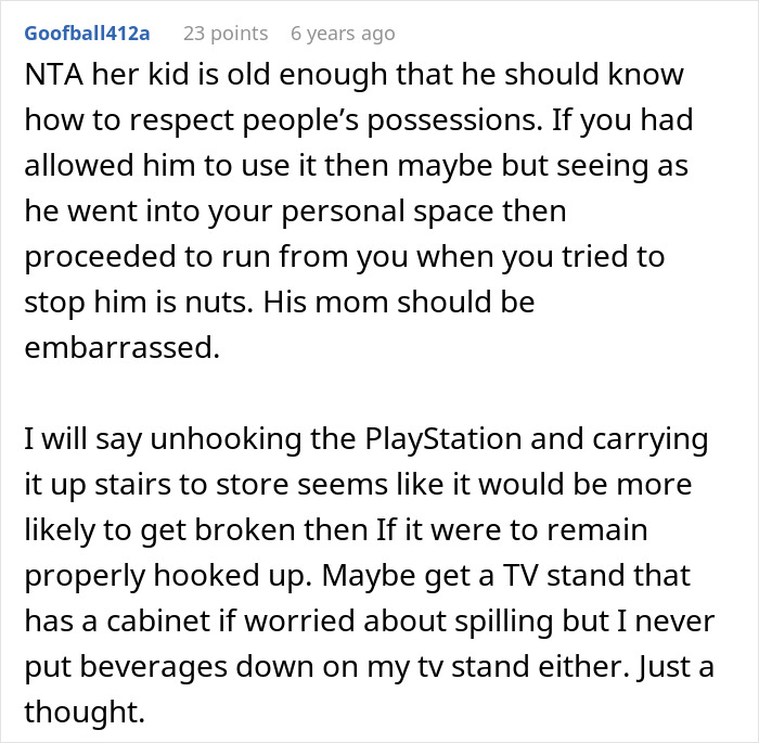 Comment discussing respect for possessions and concerns about moving a PS4 leading to damage in a family dispute about replacement.