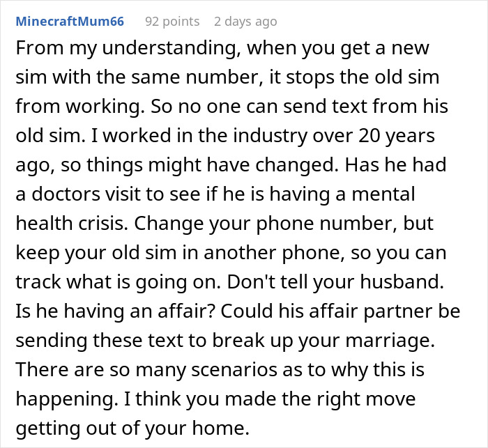 Comment discussing suspicion of husband being a psychopath after horrifying texts and exploring mental health and affair possibilities. Comment discussing suspicion of husband being a psychopath after horrifying texts and exploring mental health and affair possibilities.