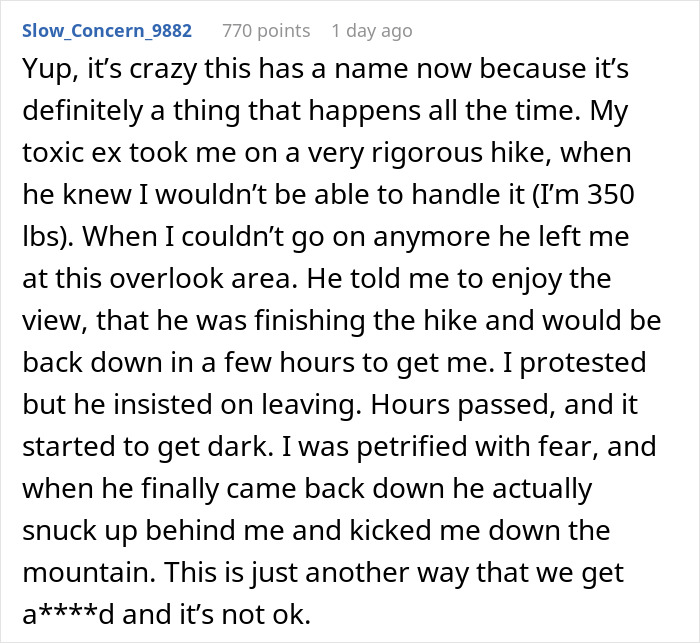 Screenshot of a user comment describing men abandoning their partners during outdoor activities and related toxic behavior.