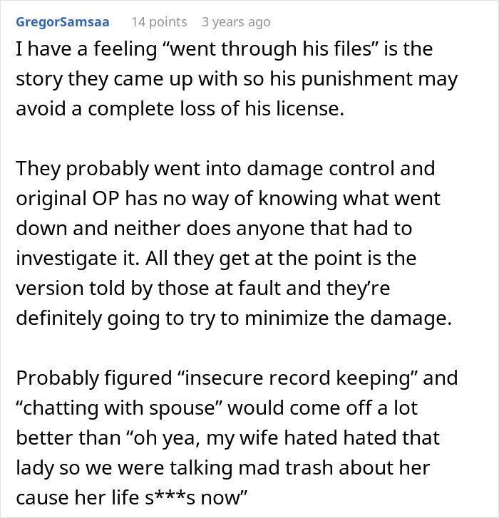 Text comment discussing doubts about document handling and damage control efforts after investigation of a therapist who is the boss's husband.