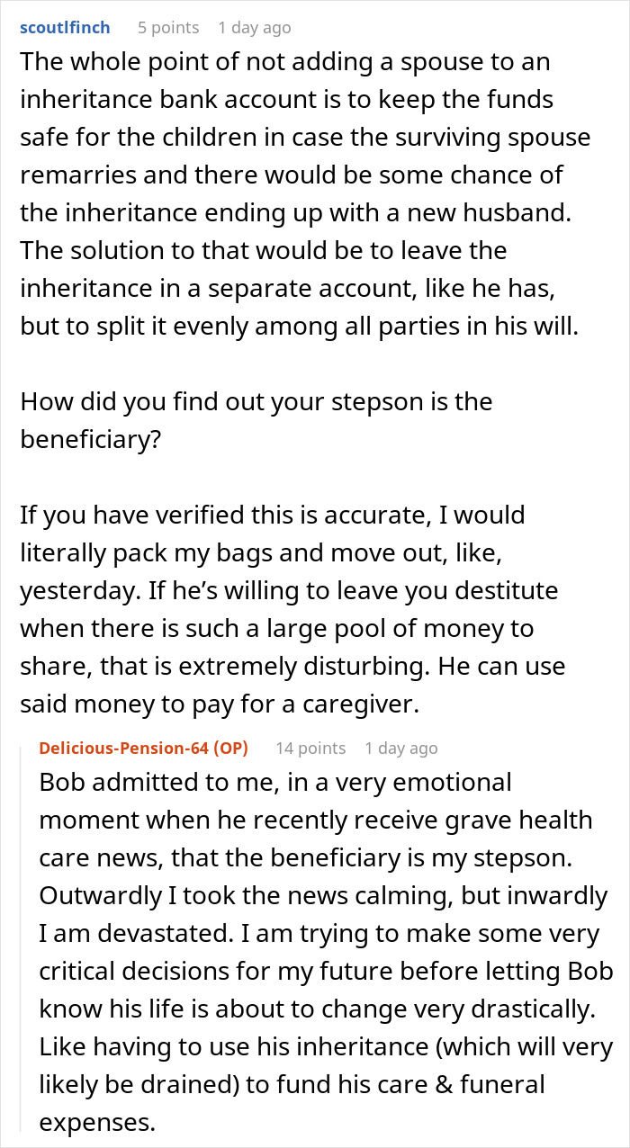 Commenter discusses husband lying about inheritance and leaving wife who cares for him with nothing, sharing concerns and advice.