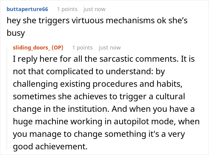 Online conversation screenshot showing users discussing work-life balance and cultural change triggered by a cynic boss&rsquo;s lesson.