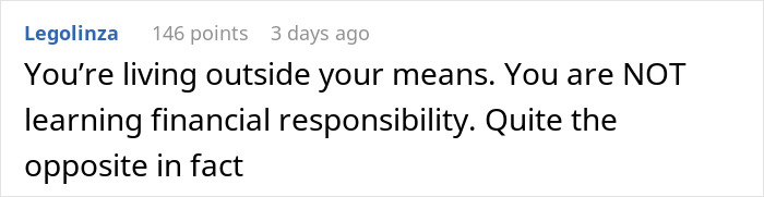 Text comment on a social media post discussing privilege and financial responsibility from the perspective of a wealthy woman.