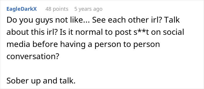 Screenshot of an online comment where a user complains about social media behavior instead of talking in person.