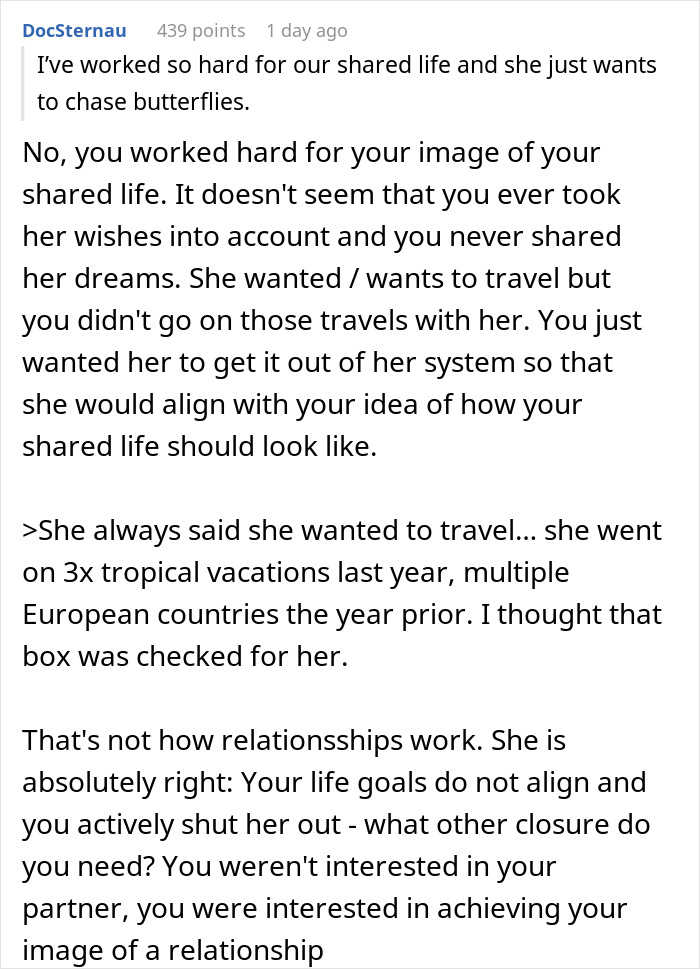 Man tries to understand why fianc&eacute;e left him, internet discusses chasing butterflies and relationship goals conflict.
